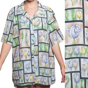 Vintage 90s Style Tulip Flower Button Up Blouse Hawaiian Shirt Size 16W